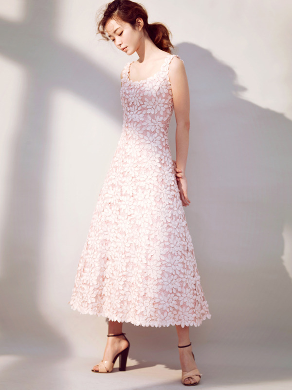 PINK LEAVES LACE LONG DRESS