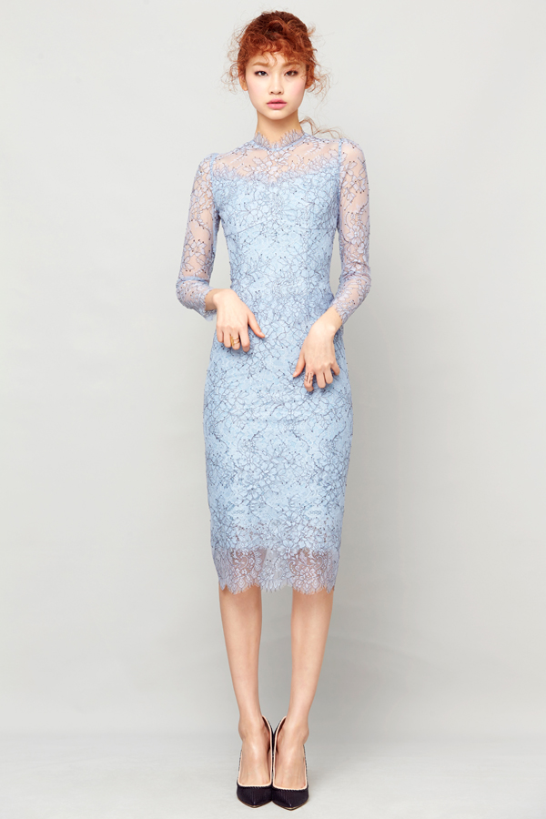 BLUE TWO-TONE LACE STAND COLLAR  DRESS 
